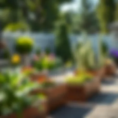 A landscaped garden featuring strategically placed extra large planter boxes