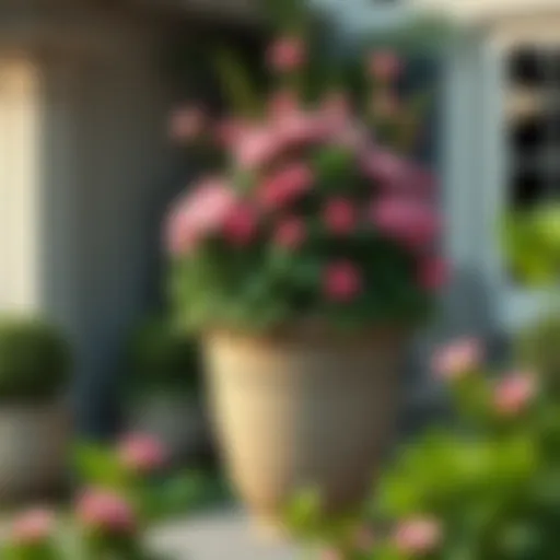 Elegant large outdoor flower pot arrangement with lush greenery