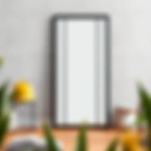 A sleek black industrial full-length mirror leaning against a textured wall