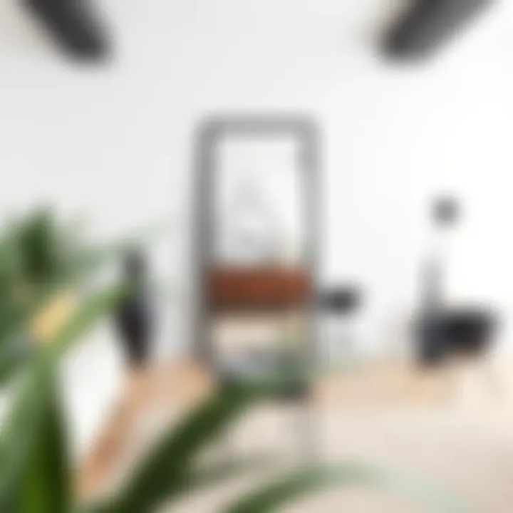 A black industrial full-length mirror enhancing a minimalist room