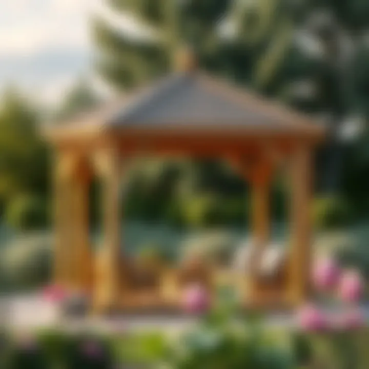 Wooden small gazebo with seating area