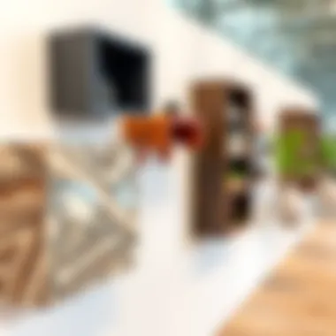Diverse Materials of Three Shelf Wall Mounts Diverse materials used in three shelf wall mounts displayed in a showroom