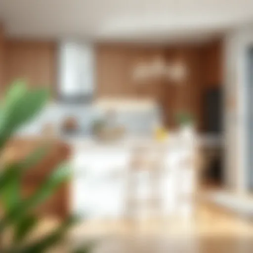 A modern kitchen featuring sleek metal stools around a breakfast bar