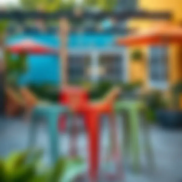 Colorful metal stools used in a vibrant outdoor patio setting
