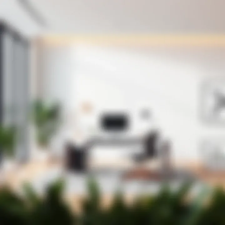 Modern workspace featuring a stylish 34-inch desk