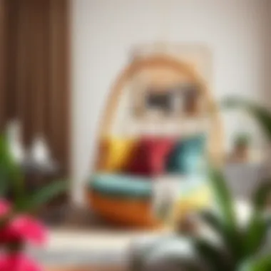 A beautifully arranged papasan chair with vibrant cushions in a cozy living room setting