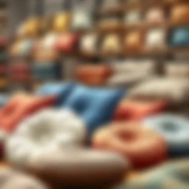 Display of various papasan cushion styles and colors available at a retail store