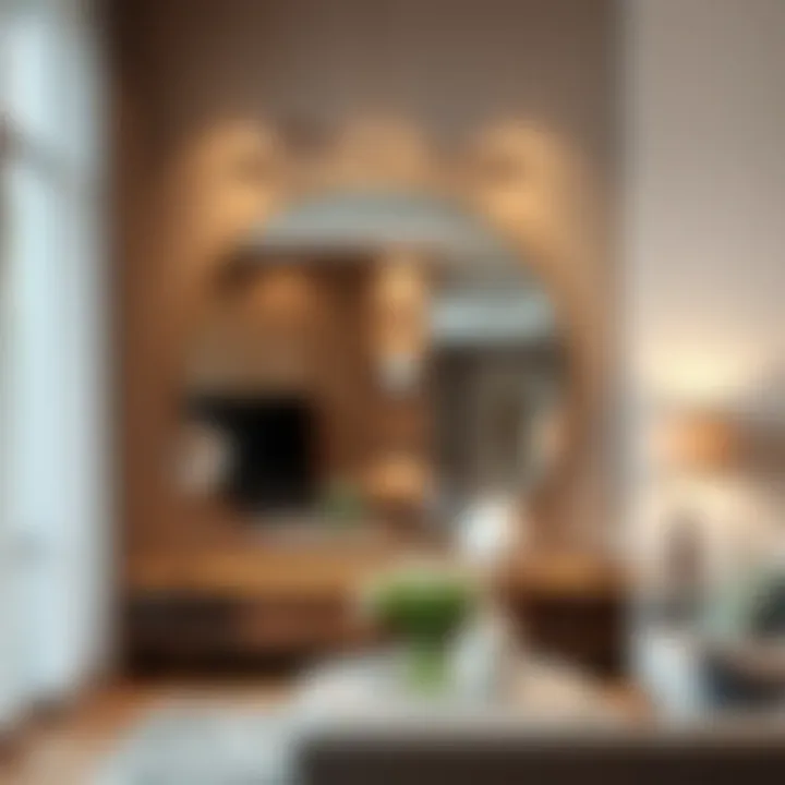 A stylish wall mirror reflecting a modern living room