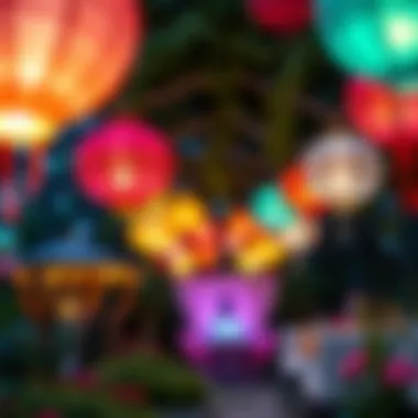 A vibrant array of colorful lanterns lighting up a birthday garden
