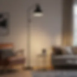 A stylish industrial floor lamp in a modern living room setting