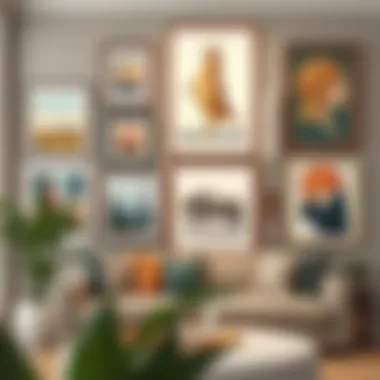 Gallery wall arrangement featuring diverse art styles