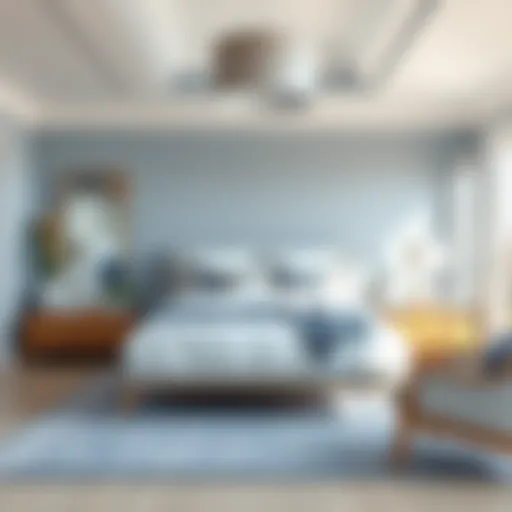 A serene master bedroom showcasing a soft color palette of blues and whites