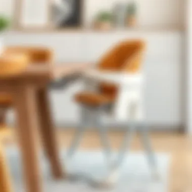 A stylish high chair attached to a wooden dining table, showcasing modern design.