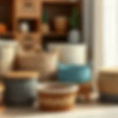 Different materials of storage baskets displayed