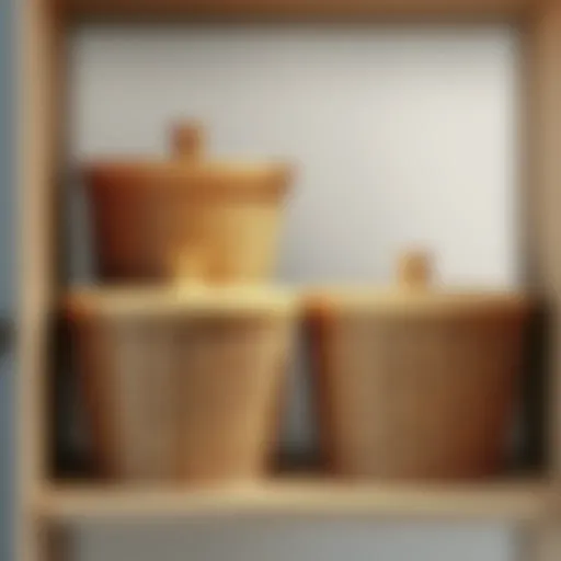 Stylish storage baskets with lids on a shelf