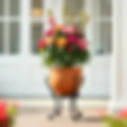 Elegant outdoor pot stand with wheels showcasing a vibrant flower arrangement.