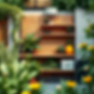 Creative Outdoor Shelf Arrangement Creative arrangement of outdoor wall-mounted shelves in a garden