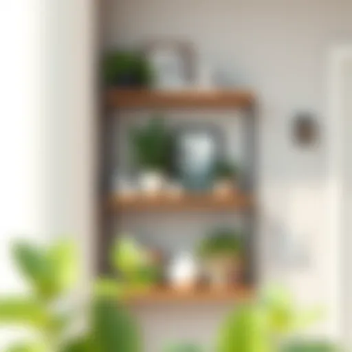 Stylish Outdoor Shelf with Decor Elegant outdoor wall-mounted shelf showcasing plants and decor