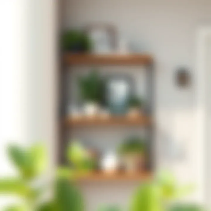 Stylish Outdoor Shelf with Decor Elegant outdoor wall-mounted shelf showcasing plants and decor