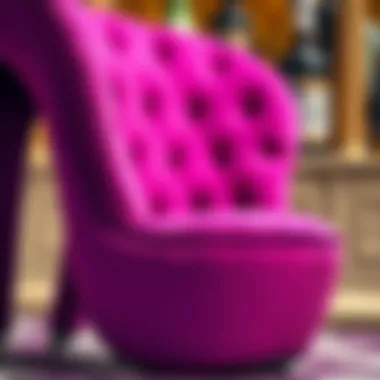 Close-up of the vibrant color and texture of the purple high heel shoe chair