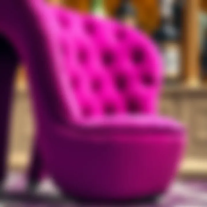 Close-up of the vibrant color and texture of the purple high heel shoe chair