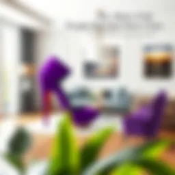 Purple high heel shoe chair in a stylish living room setting