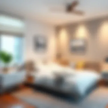 Modern bedroom showcasing space optimization with a queen bed