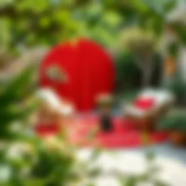 Vibrancy in Garden Decor Vibrant round red rug accentuating a garden setting