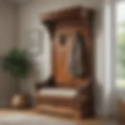 Elegant solid wood hall tree with intricate carvings and a stylish storage bench.