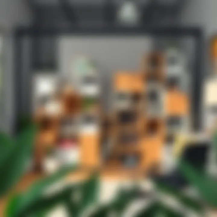 Various styles of stackable cubby shelves in a creative workspace