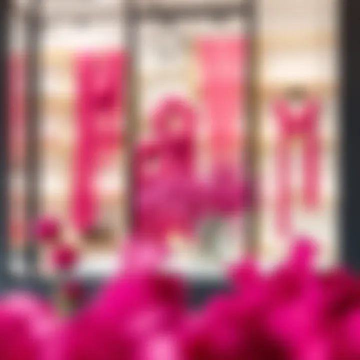 Artistic arrangement of hot pink window scarves in a boutique