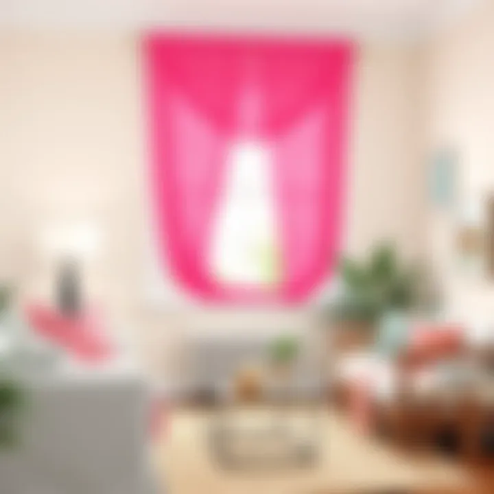 Vibrant hot pink window scarf paired with neutral decor