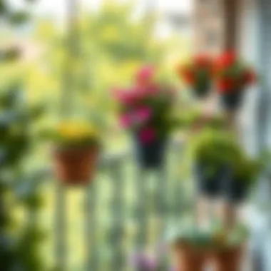 Stylishly arranged metal iron hanging flower pots on a balcony