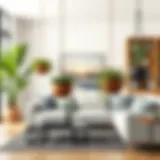 Elegant metal iron hanging flower pots in a modern living room setting