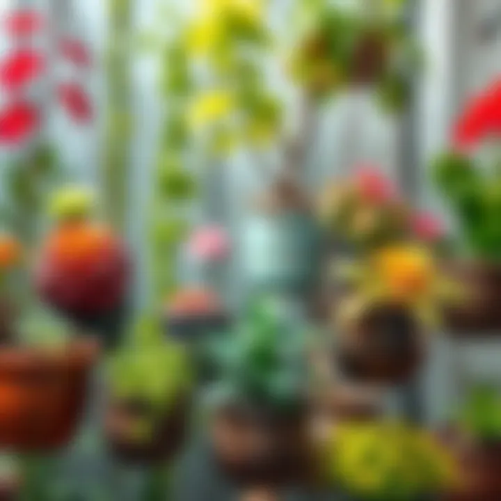 A variety of vibrant plants in metal iron hanging pots