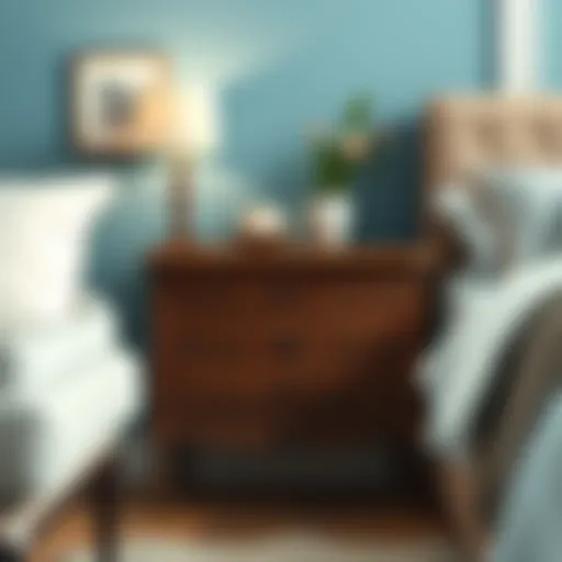 A beautifully restored vintage nightstand showcasing intricate craftsmanship and unique design elements in a modern setting.
