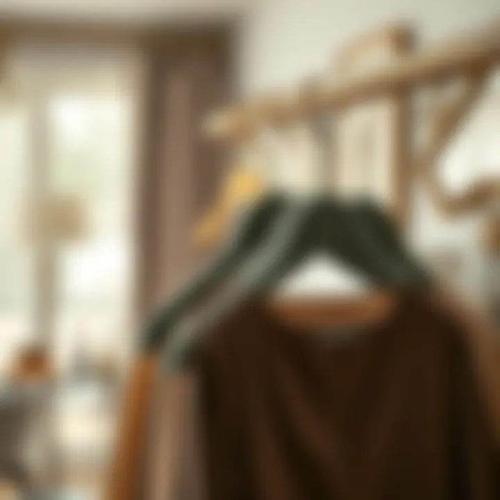 Elegant display of grey velvet hangers with gold hooks styled in a chic home environment