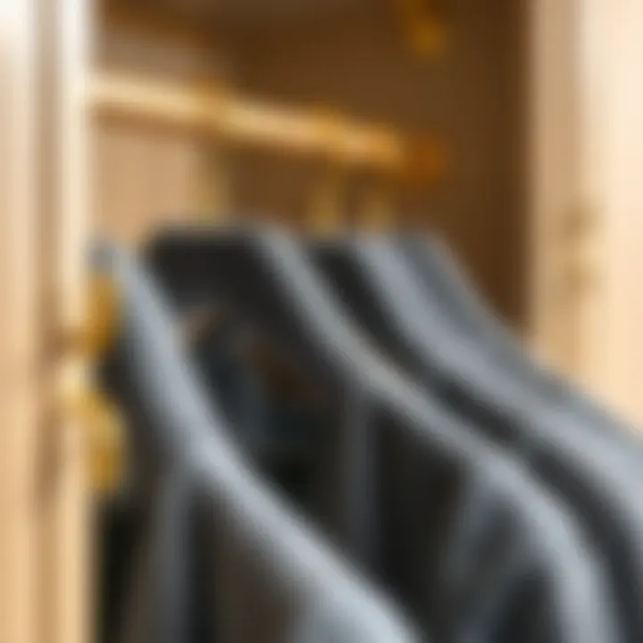 Sophisticated arrangement of grey velvet hangers with gold hooks in a stylish wardrobe