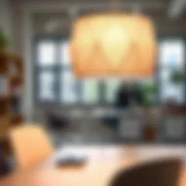 Modern geometric lampshade illuminating a contemporary office