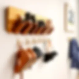 Stylish shoe hook rack mounted on a wall showcasing various shoes