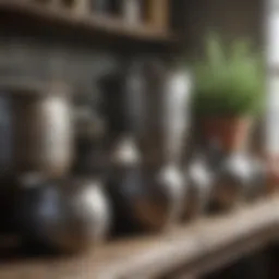 A collection of vintage metal pots showcasing intricate designs