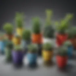 A collection of small plastic plant containers in various colors and sizes.