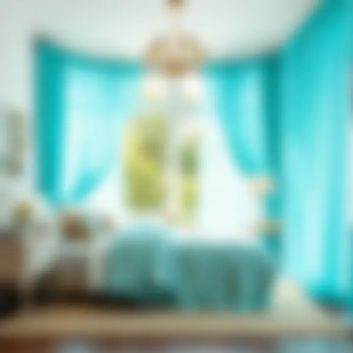 A serene bedroom featuring turquoise blue sheer curtains.
