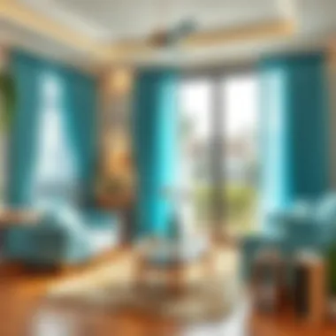 A cozy living room with turquoise blue sheer curtains enhancing the decor.