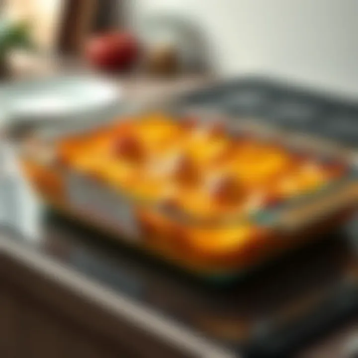 A 13 x 9 glass pan showcasing a savory casserole fresh from the oven